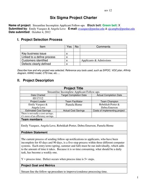 Six Sigma Project Charter Template