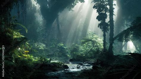 Dark rainforest, sun rays through the trees, rich jungle greenery. Atmospheric fantasy forest ...