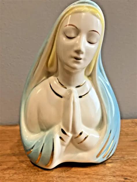 VINTAGE CERAMIC PRAYING Virgin Mary Madonna Planter Blue Robe Gold Accents 7" $12.99 - PicClick