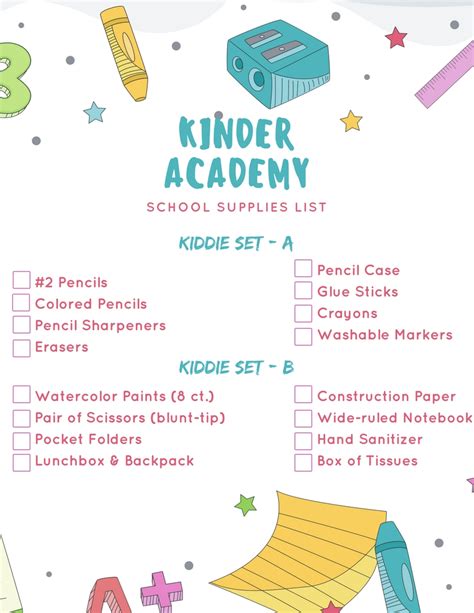 Kindergarten School Supply List - Kindergarten