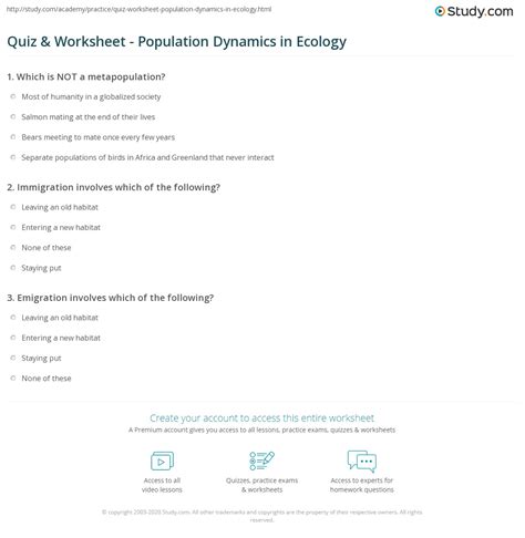 Quiz & Worksheet - Population Dynamics in Ecology | Study.com