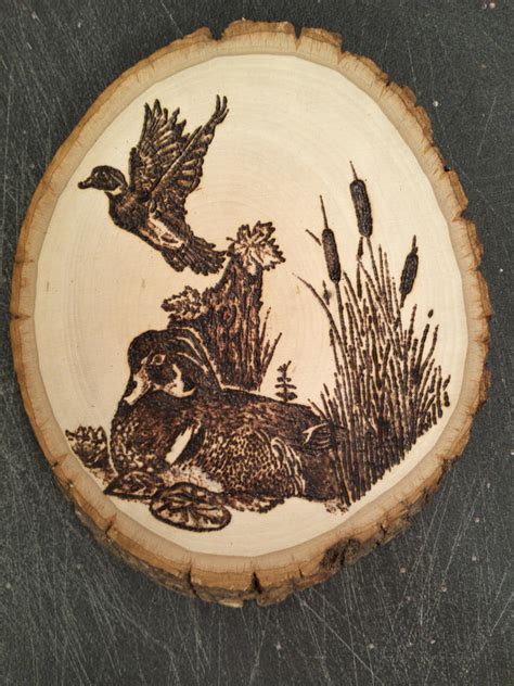 Wood Duck Woodburning on Tree Round by Mehdals