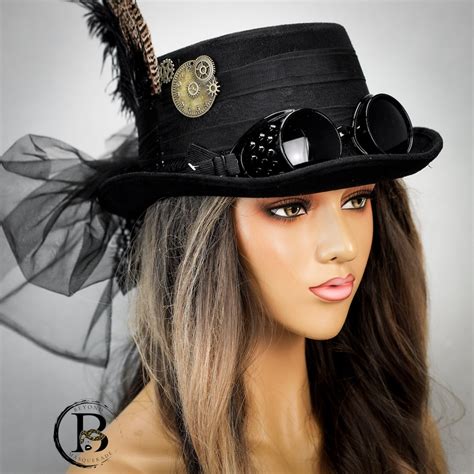 Black Steampunk Top Hat With Goggles Steampunk Goggle, Hat With Veil, Steampunk Gears, Steampunk ...