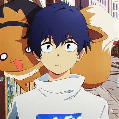 an anime character is standing in front of a teddy bear with his head ...