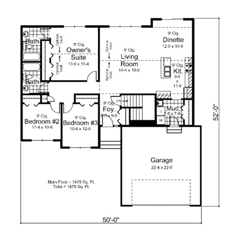 Traditional Style House Plan - 3 Beds 2.00 Baths 1478 Sq/Ft Plan #51-373 Floor Plan - Main Floor ...