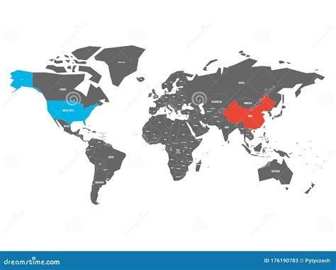 United States and China Highlighted on Political Map of World. Vector ...