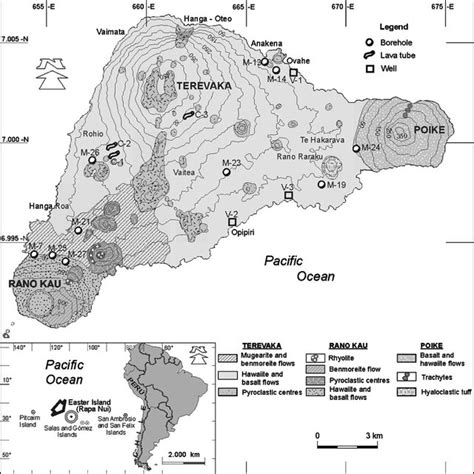 Easter Island map showing the geology, topography, volcanoes, boreholes... | Download Scientific ...