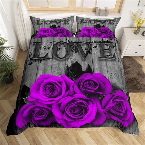 YST Purple Rose Duvet Cover Queen Purple Black Romantic Floral Bedding Set For Girls Women ...