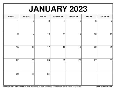 January 2023 Calendar Printable Templates with Holidays