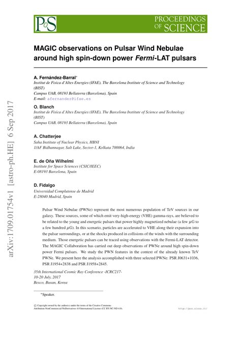 (PDF) MAGIC observations on Pulsar Wind Nebulae around high spin-down ...