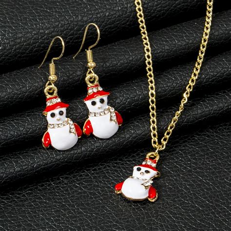 Cute Christmas Snowman Necklace Earring Set For Women Jewelry ...