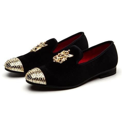 Black Velvet Gold Spikes Mens Loafers Prom Dress Shoes