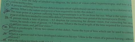 27. corrected by a lens. help of labelled ray-diagram, the defect of visi..