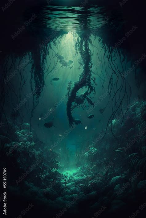 Dark and gloomy underwater deep sea environment Stock Illustration ...