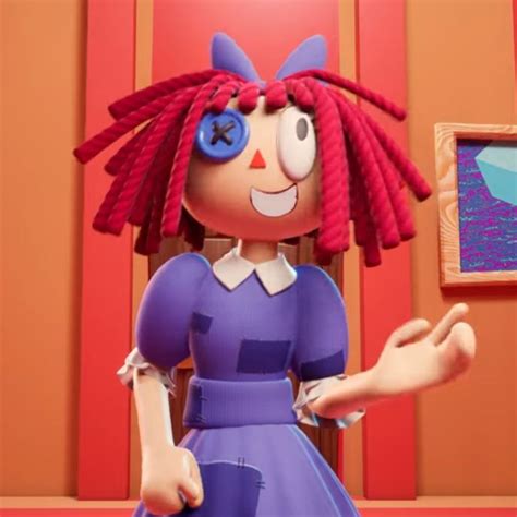 a cartoon character in a purple dress with red hair and blue eyeliners, holding out her hand