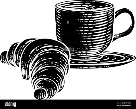 Coffee Tea Cup Mug and Croissant Woodcut Stock Vector Image & Art - Alamy