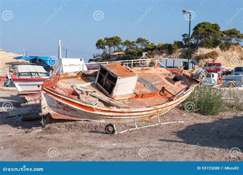 Boat In Sostis Bay. Cretan Beach. Mediterranean Sea. Greece Stock Image ...