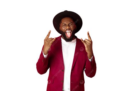 African American Man Celebrates With Rocknroll Gesture On Red, Guy, Beard, Celebration PNG ...