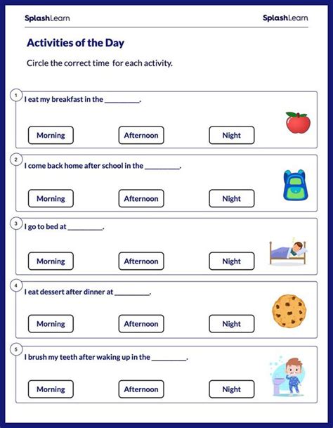 Time of Activities of the Day - Math Worksheets - SplashLearn