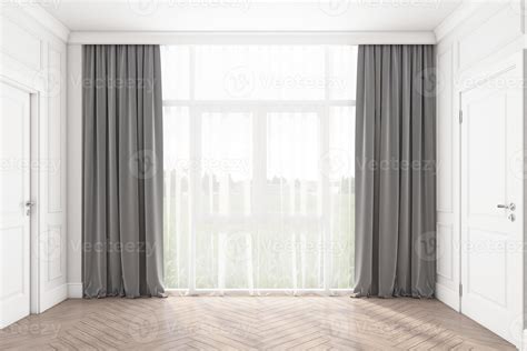 Empty room with window and gray curtains using white tones in the ...