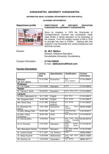 KURUKSHETRA UNIVERSITY KURUKSHETRA Department profile ...