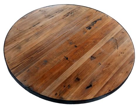 a round wooden table top with black metal trim on an isolated white background for display