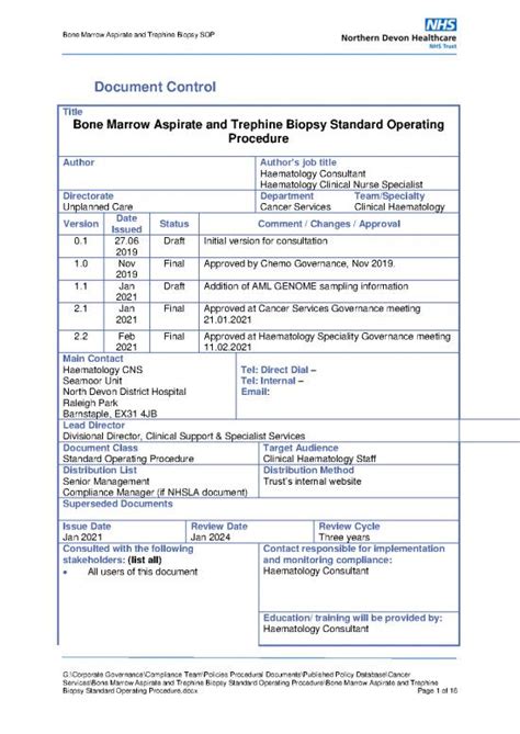 Bone Marrow Aspirate And Trephine Biopsy Standard Operating Procedure