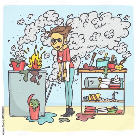 Cartoon illustration of stressed woman cooking in messy kitchen - Buy this stock vector and ...