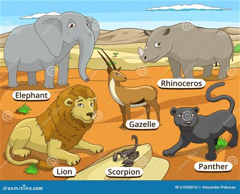 African Savannah Animals With Names Cartoon Vector Illustration ...