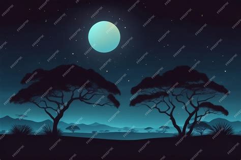 Premium Photo | Vector Savannah landscape with acacia trees at night