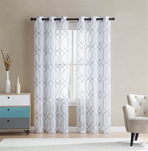 White and Gray Sheer Grommet Window Curtain Panel Pair with Embroidered ...