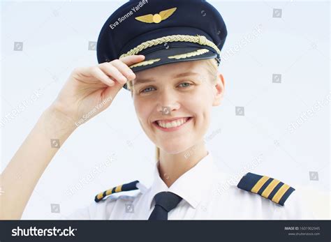 Portrait Professional Female Pilot Smiling Wearing Stock Photo ...