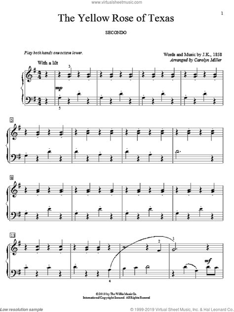 The Yellow Rose Of Texas sheet music for piano four hands [PDF]