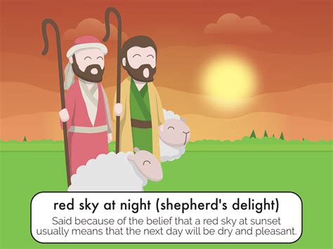 NEW WEATHER IDIOM: red sky at night, shepherd's delight - Meaning: if the sky is red at sunset ...