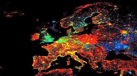 Night light pollution changes in Europe over the last 25 years. Red color shows increases in ...