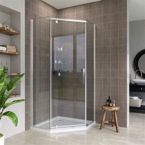 ELEGANT 900x900mm Semi-Frameless Pivot Pentagonal Shower Enclosure with Tray 8mm Tempered Glass ...