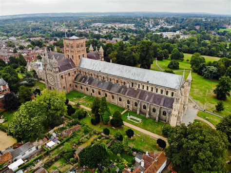 St Albans Cathedral from the air. The Cathedral is famous for having ...