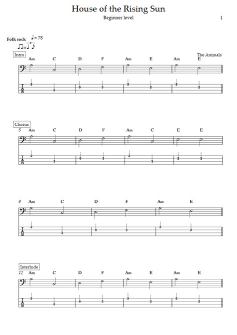 The House of the Rising Sun (Beginner Level) (The Animals) - Bass Tabs