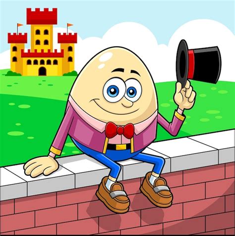 Premium Vector | Humpty dumpty egg cartoon character sitting on wall waving hat vector hand ...