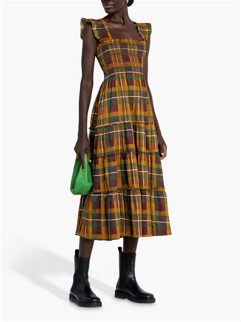 kourt Calypso Smocked Bodice Plaid Midi Dress, Green at John Lewis ...