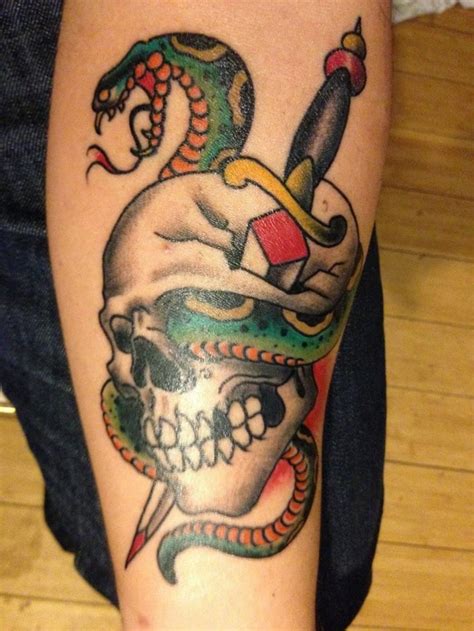 Snake, Dagger and Skull tattoo by Jeremy Sutton at Three Kings Tattoo, NY. : r/tattoos