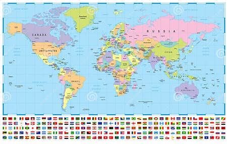 World Map and Flags - Borders, Countries and Cities -illustration Stock Illustration ...