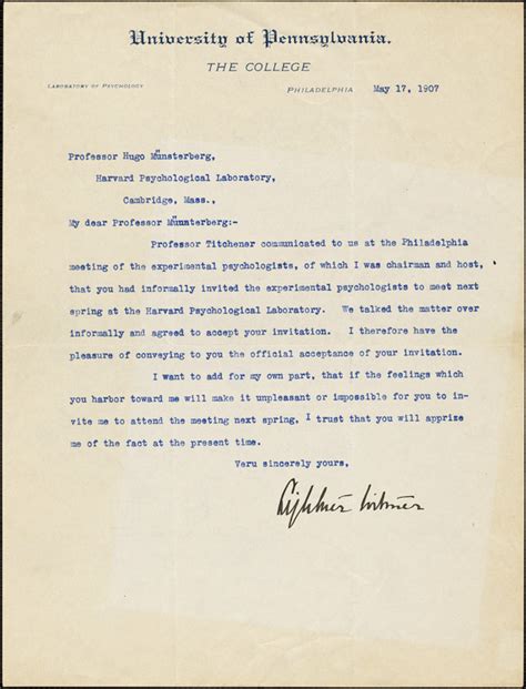 Witmer, Lightner, 1867-1956 autograph letter signed to Hugo Münsterberg, Philadelphia, 17 May ...