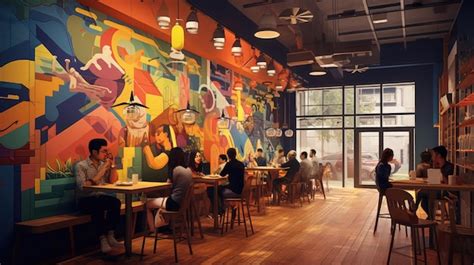 Premium AI Image | Illustration of a vibrant mural adorning the walls of a trendy restaurant