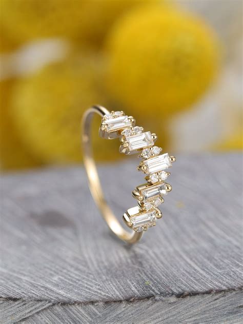 Curved Wedding Band Baguette Diamond CZ Ring Rose Gold Prong Set Ring Chevron Ring Matching Band ...