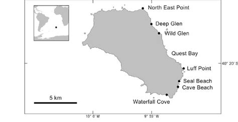 Map of Gough Island, South Atlantic Ocean, showing the major locations ...