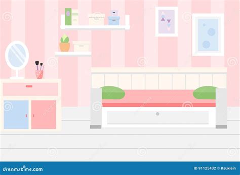 Girl Bedroom Interior On Attic, Cute Mansard Room Cartoon Vector ...