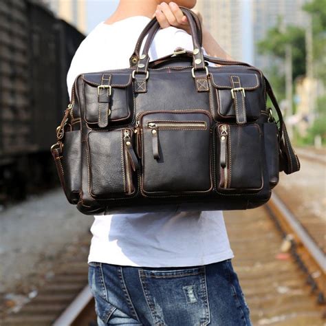 Genuine Leather Mens Cool Weekender Bag Travel Bag Duffle Bags Briefcase Messenger Bag for men