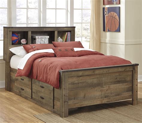 Signature Design by Ashley Trinell Rustic Look Full Bookcase Bed with Under Bed Storage ...