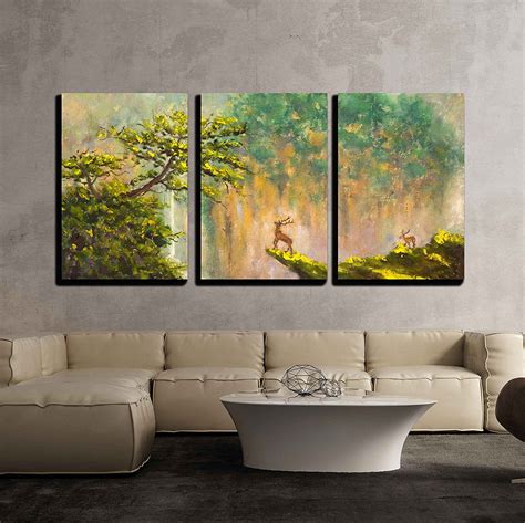 Wall26 3 Piece Canvas Wall Art - Painting of Deer on The Edge of a ...